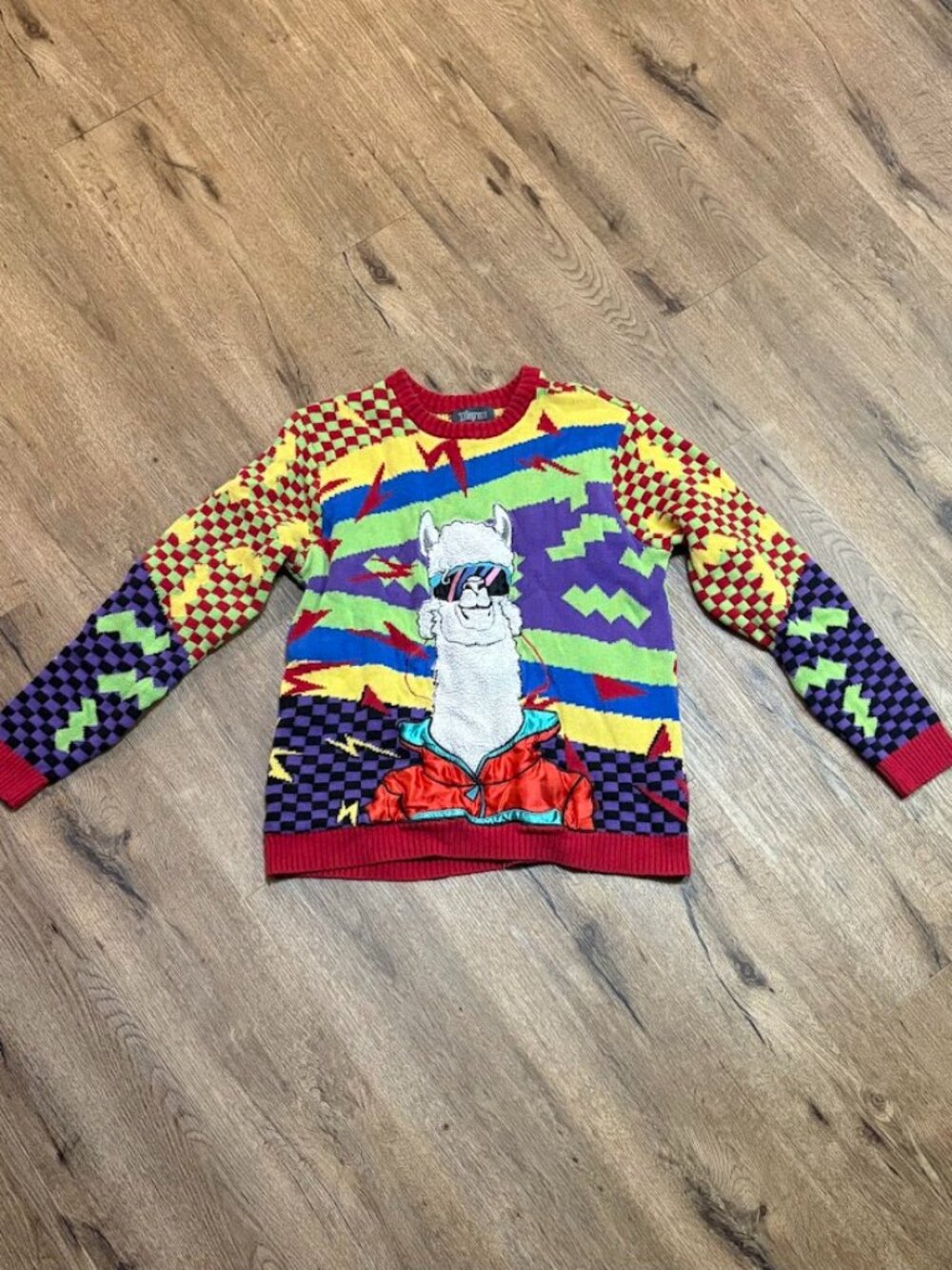 33 Degrees Llama DJ Ugly Sweater Large Multicolor 90s Knit Funky